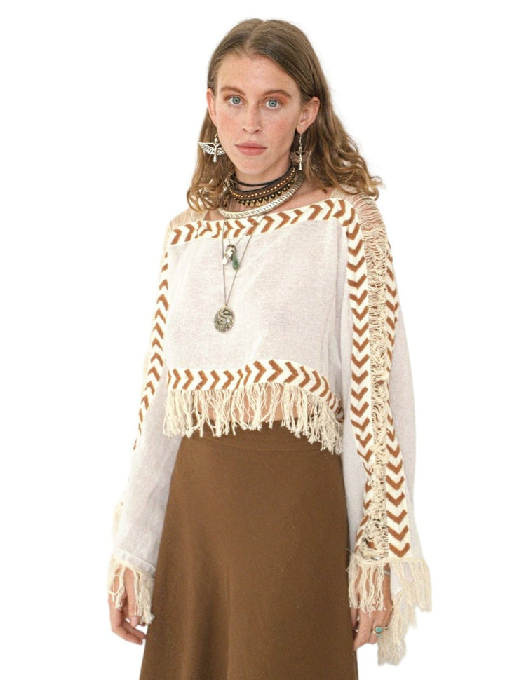 Long Sleeve Crop Top with Fringe (White)