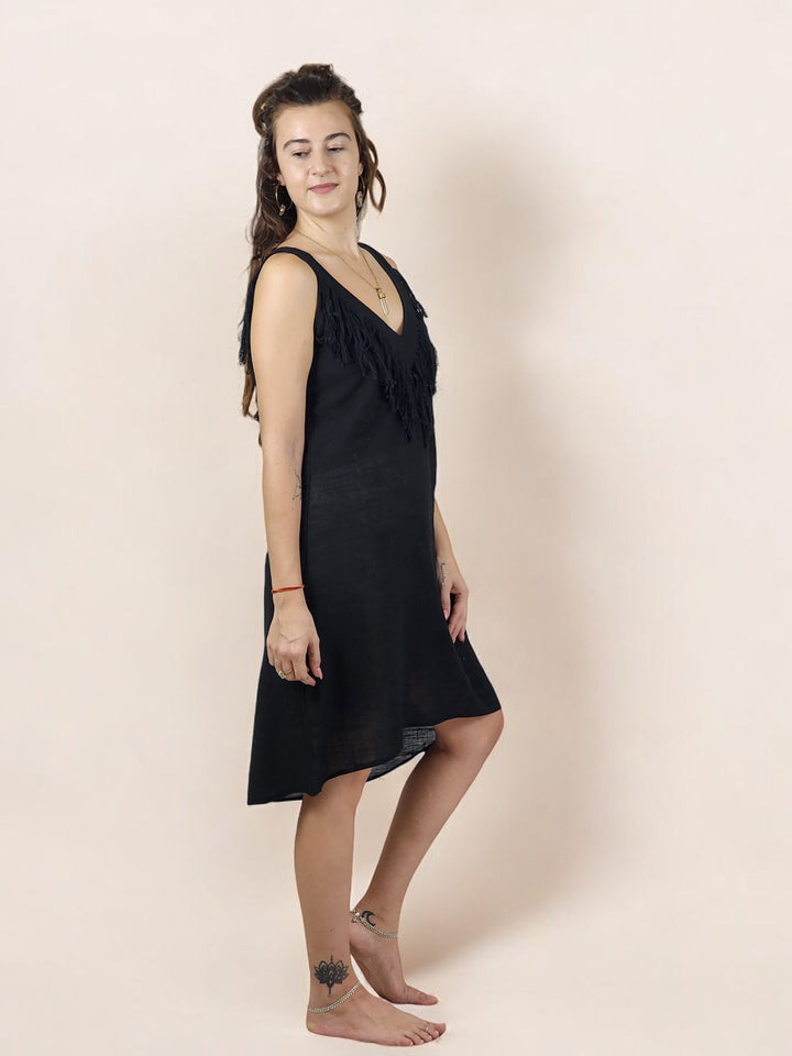 Linen Mini Fringe Dress (Black)