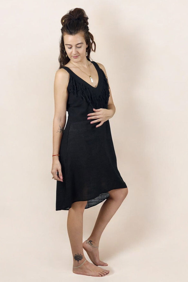 Linen Mini Fringe Dress (Black)