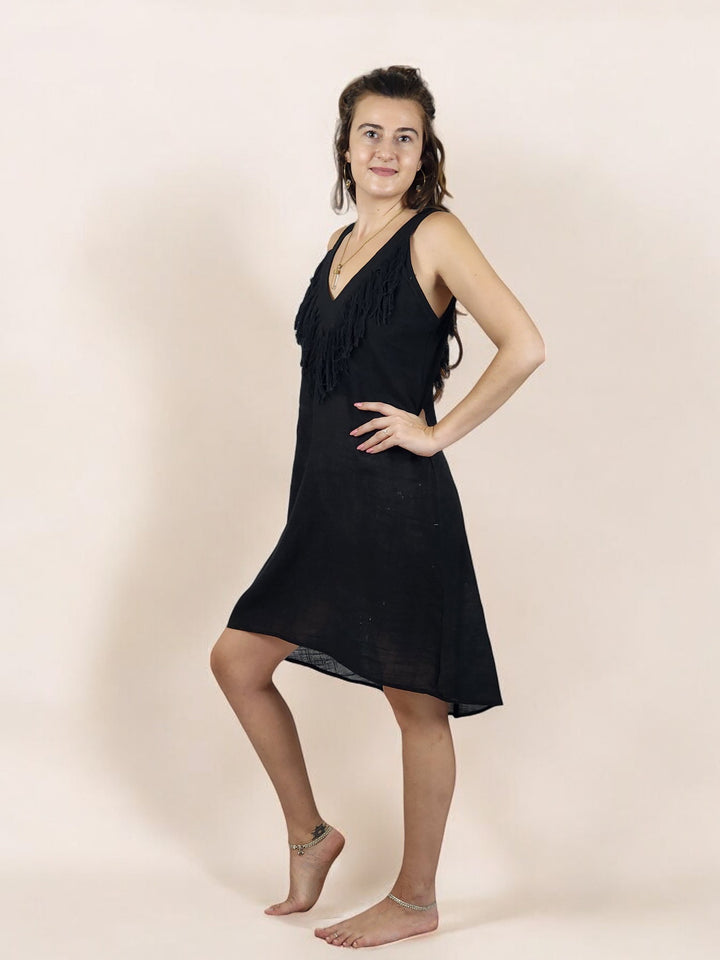 Linen Mini Fringe Dress (Black)