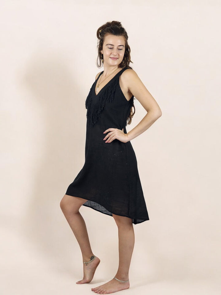Linen Mini Fringe Dress (Black)