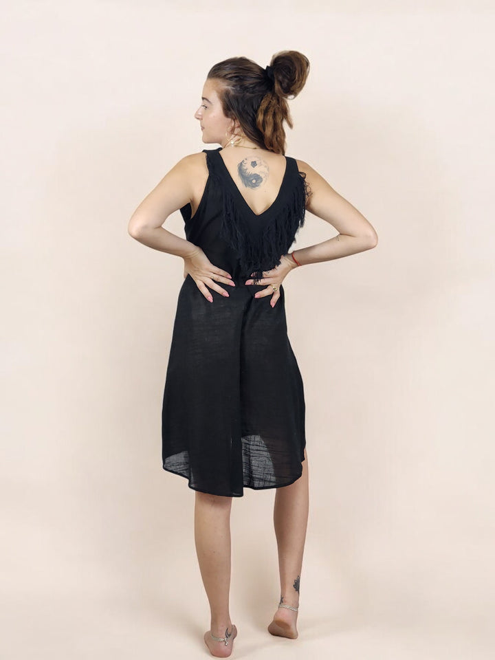 Linen Mini Fringe Dress (Black)