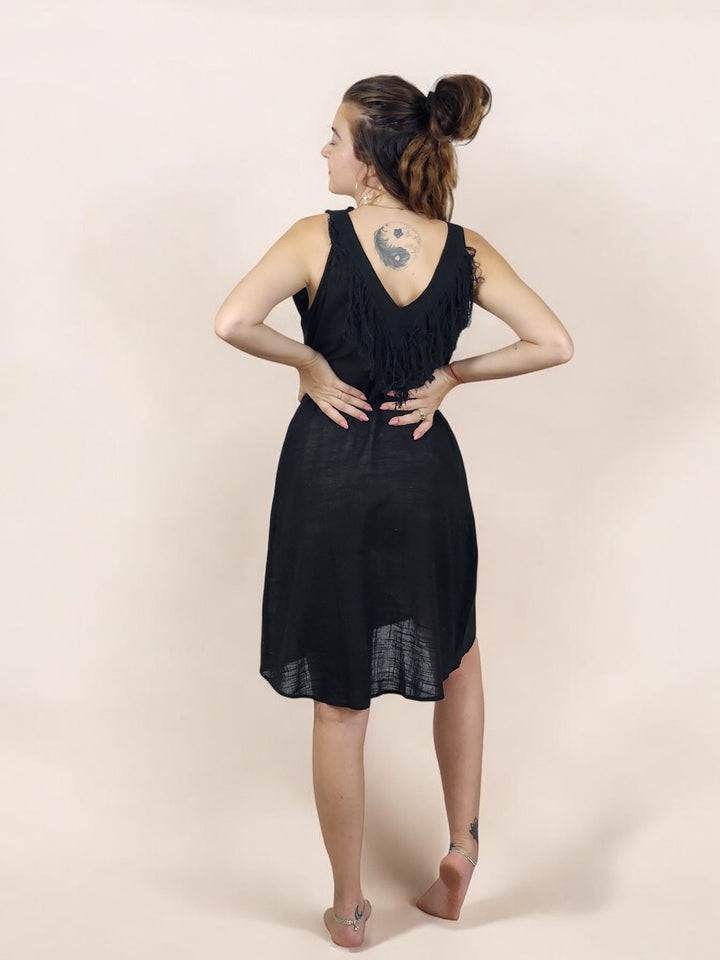 Linen Mini Fringe Dress (Black)