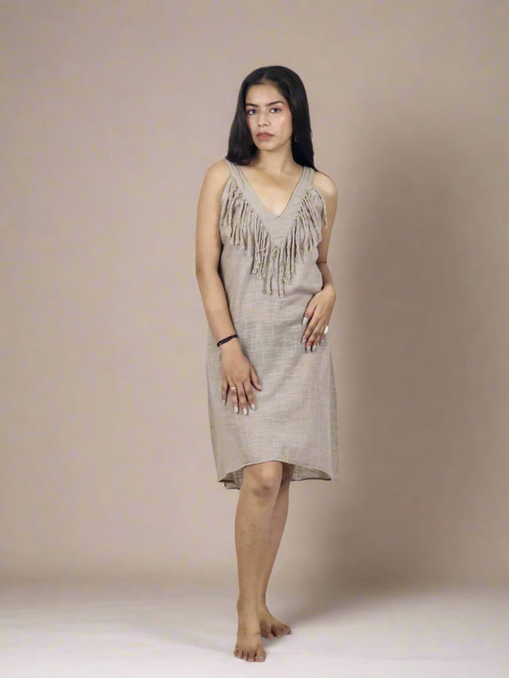 Linen Mini Fringe Dress (Dusty Rose)