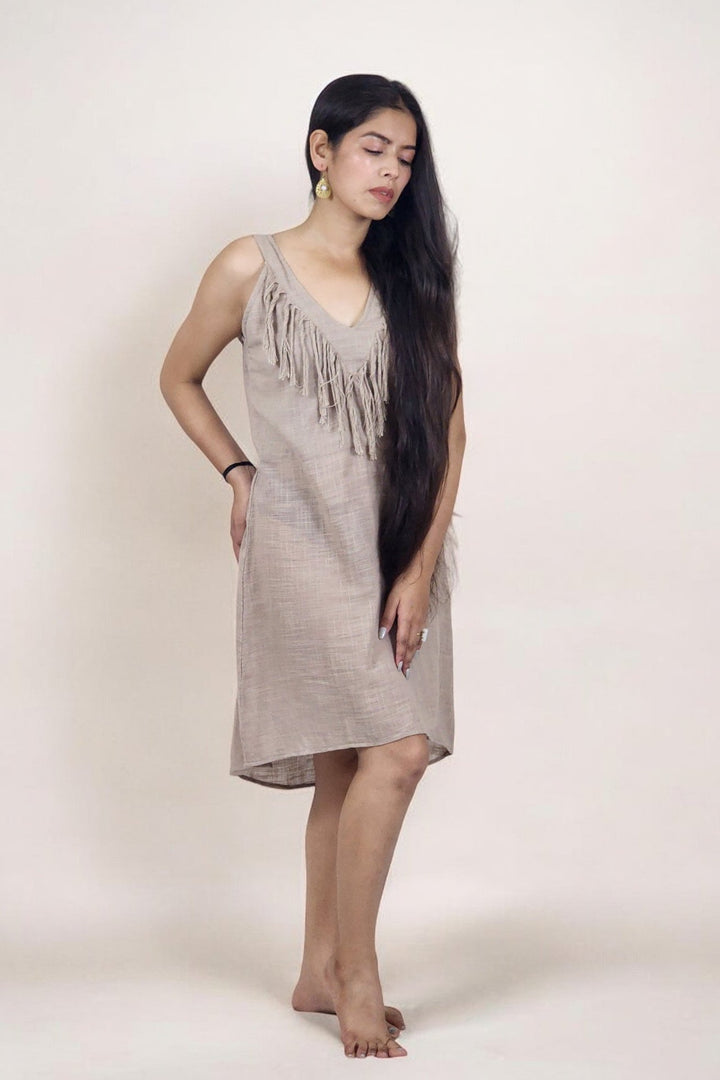 Linen Mini Fringe Dress (Dusty Rose)
