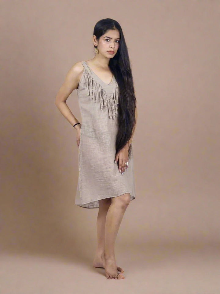 Linen Mini Fringe Dress (Dusty Rose)