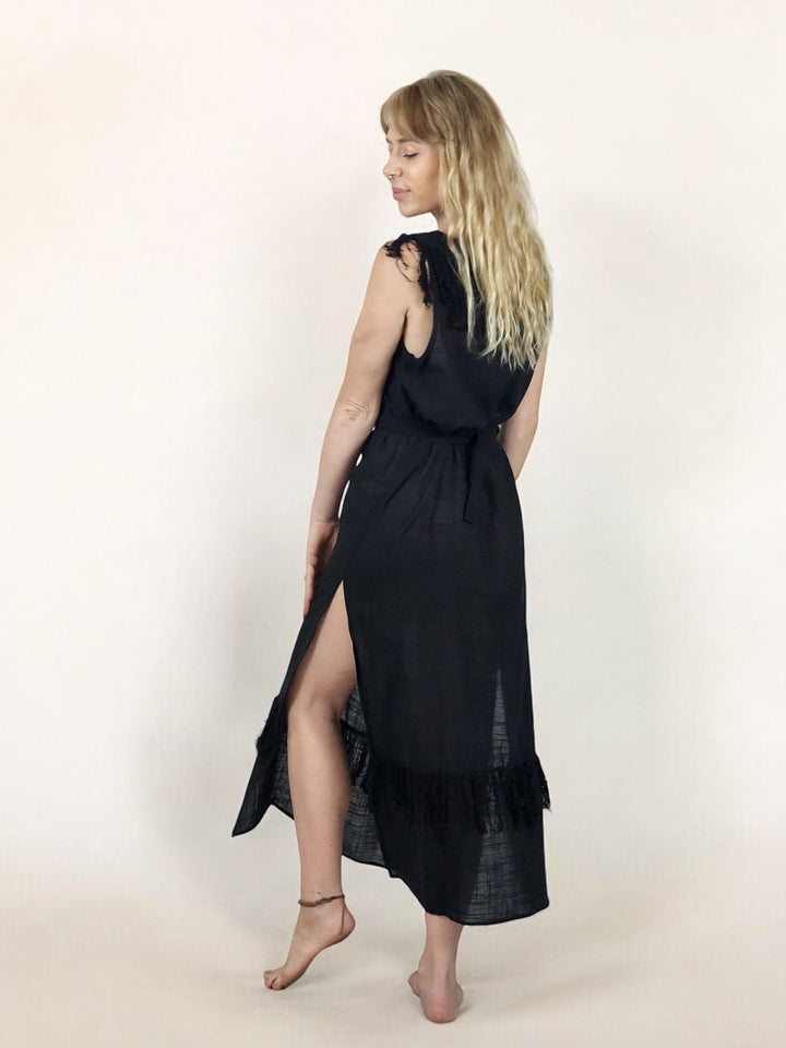 Linen Maxi Dress with Fringe (Black)