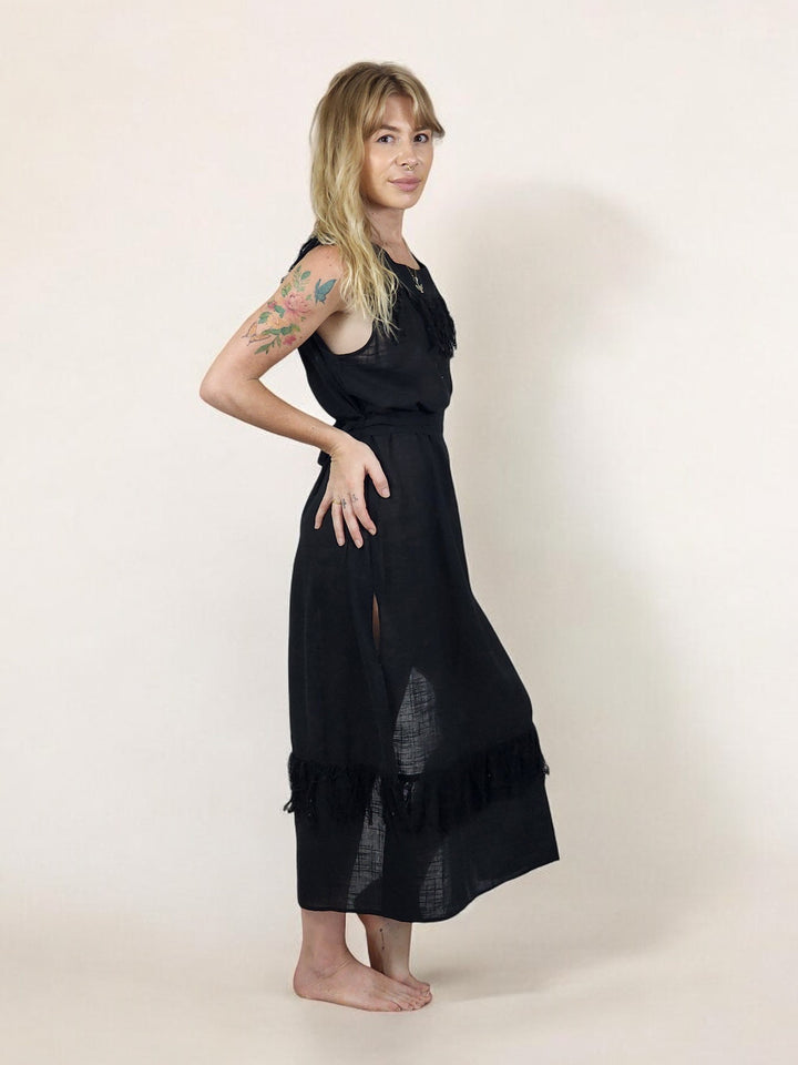 Linen Maxi Dress with Fringe (Black)