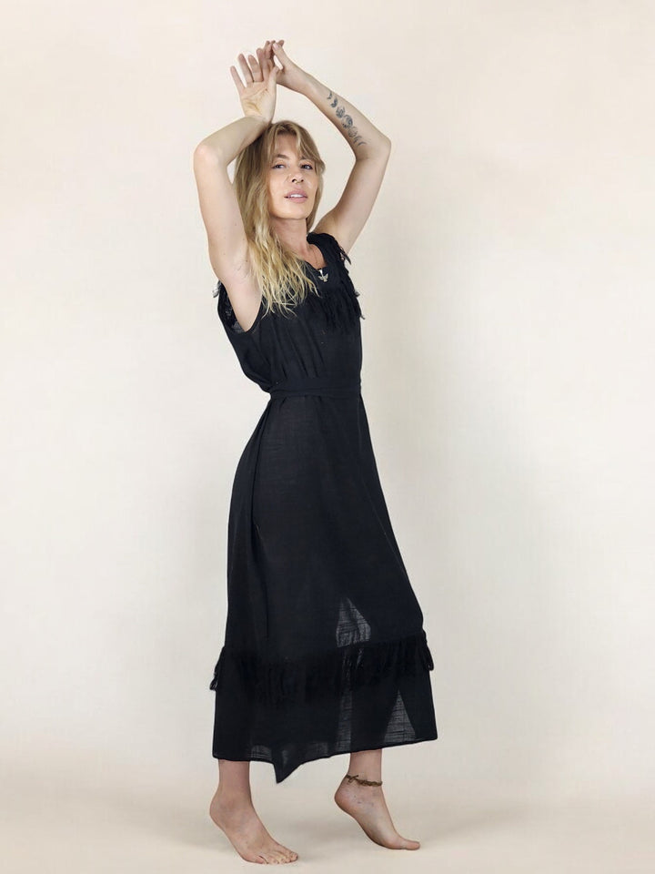 Linen Maxi Dress with Fringe (Black)