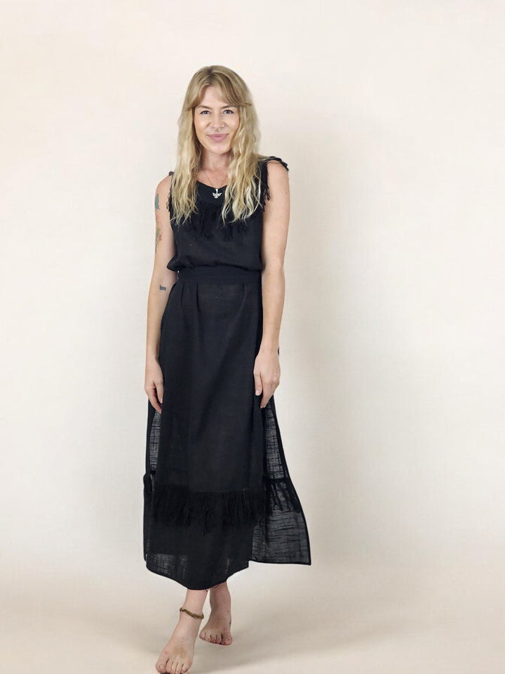 Linen Maxi Dress with Fringe (Black)