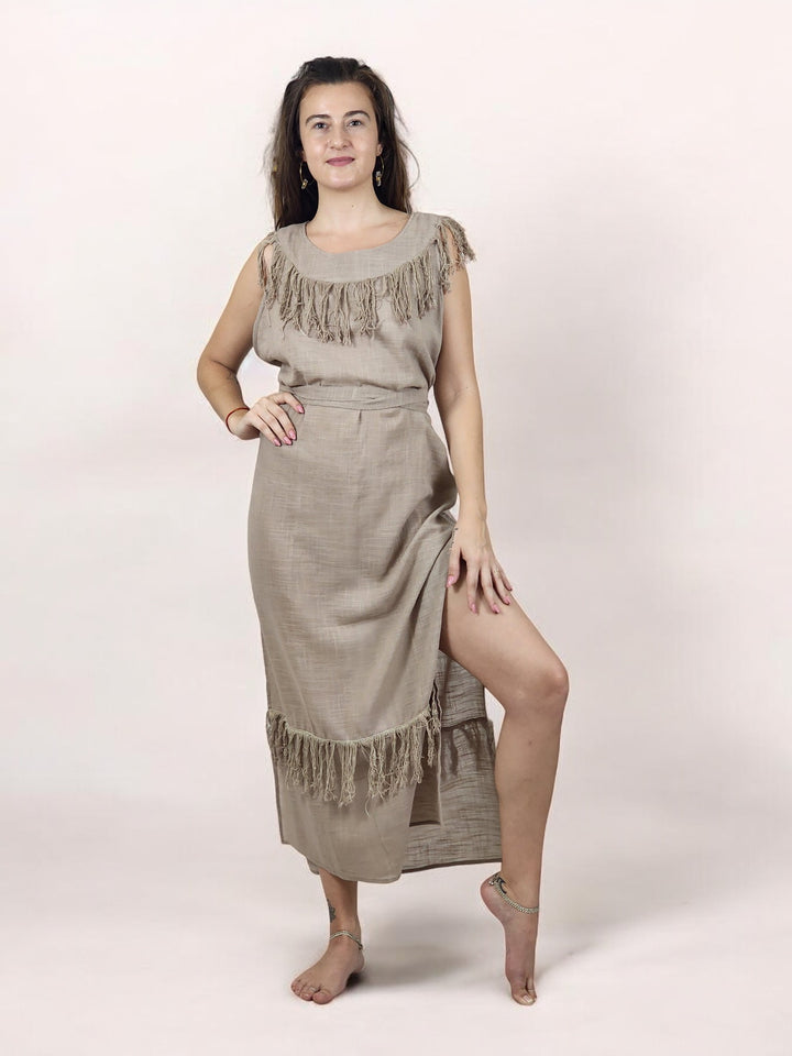 Linen Maxi Dress with Fringe (Dusty Rose)