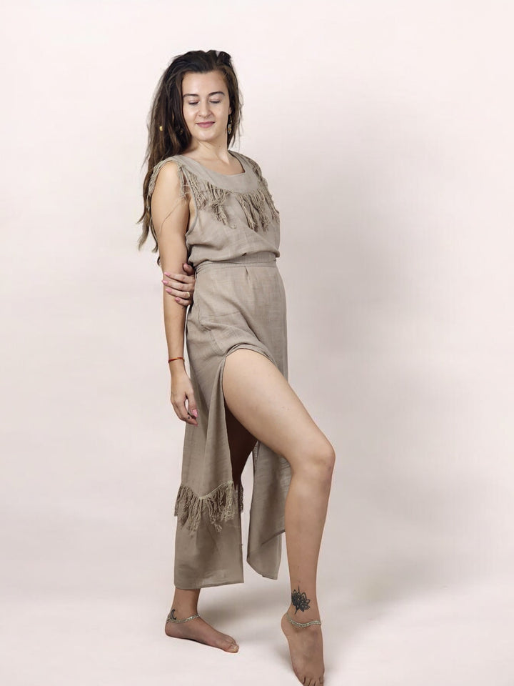 Linen Maxi Dress with Fringe (Dusty Rose)