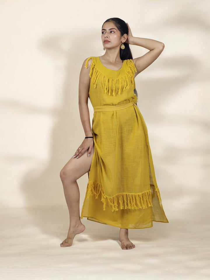 Linen Maxi Dress with Fringe (Turmeric)