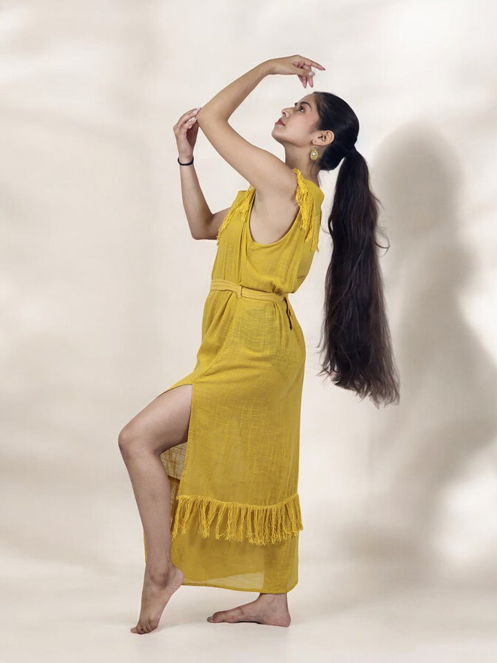 Linen Maxi Dress with Fringe (Turmeric)