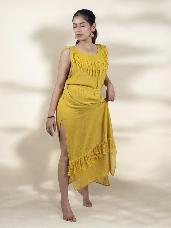 Linen Maxi Dress with Fringe (Turmeric)