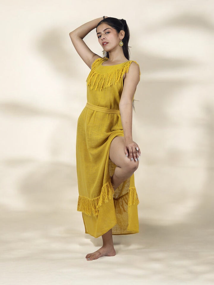 Linen Maxi Dress with Fringe (Turmeric)