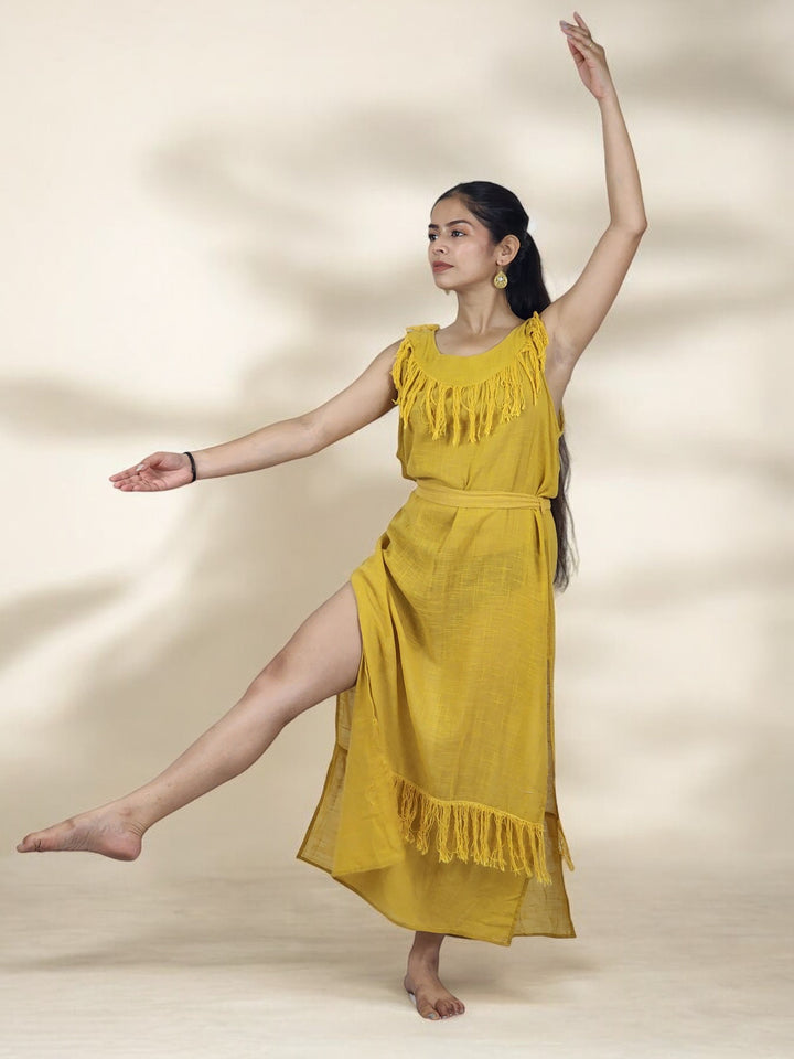 Linen Maxi Dress with Fringe (Turmeric)