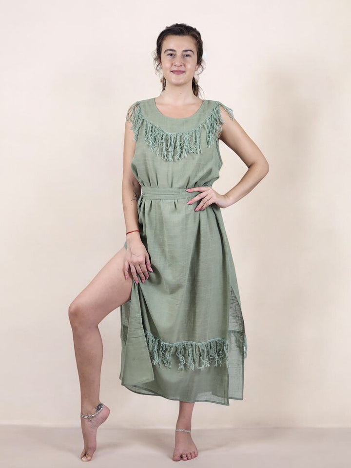 Linen Maxi Dress with Fringe (Sage)