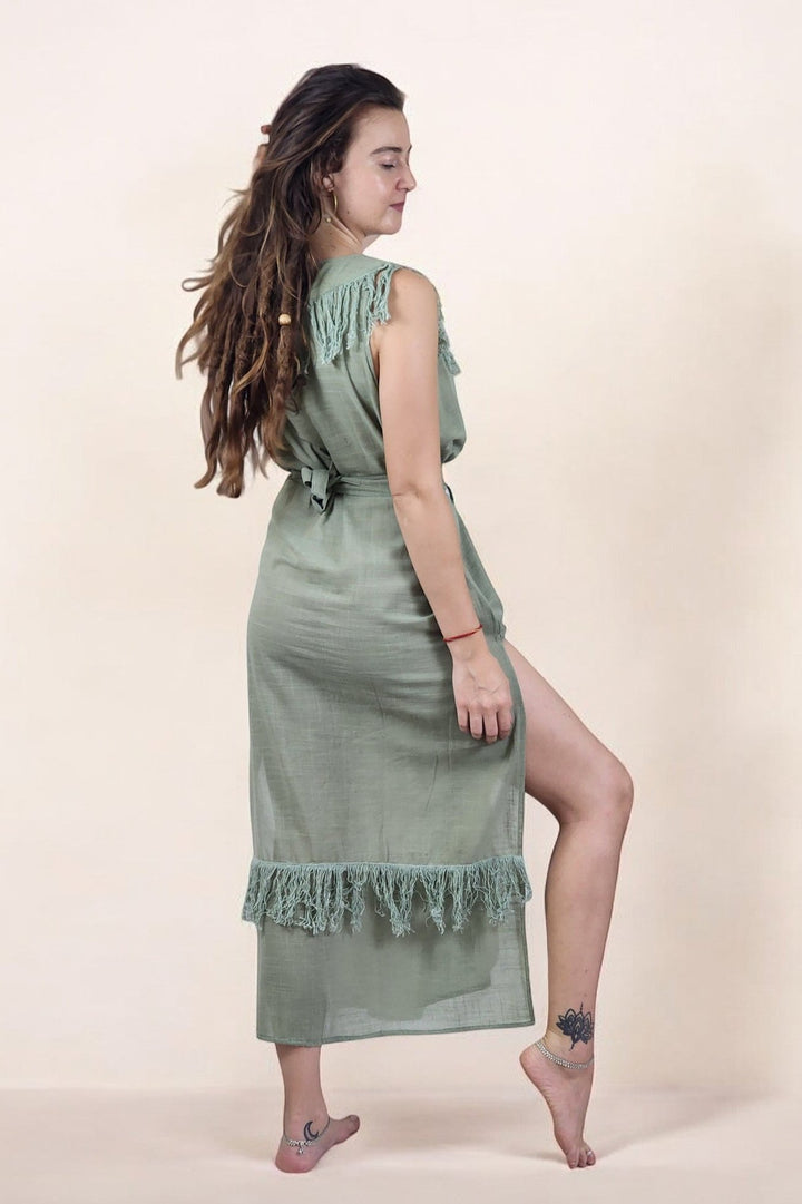 Linen Maxi Dress with Fringe (Sage)