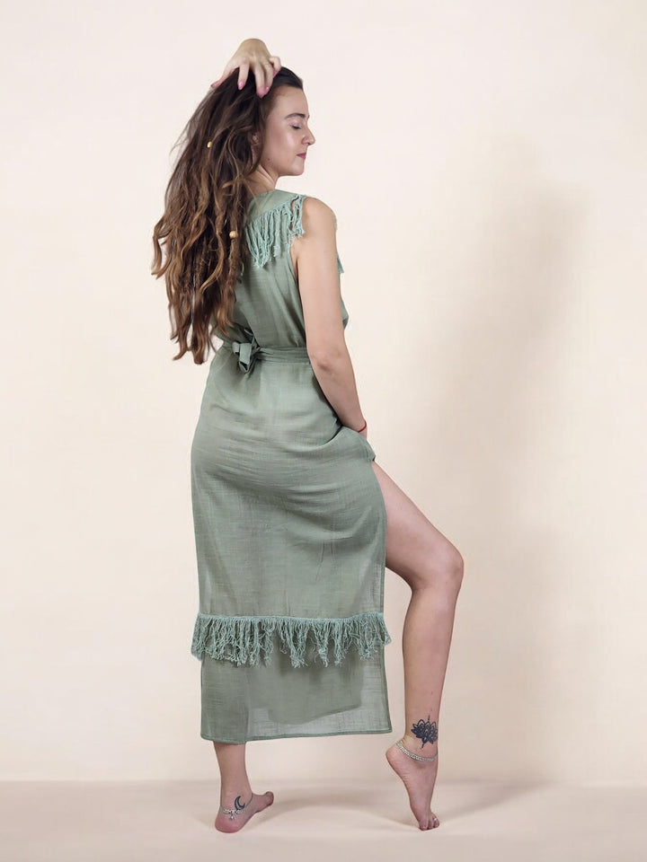 Linen Maxi Dress with Fringe (Sage)