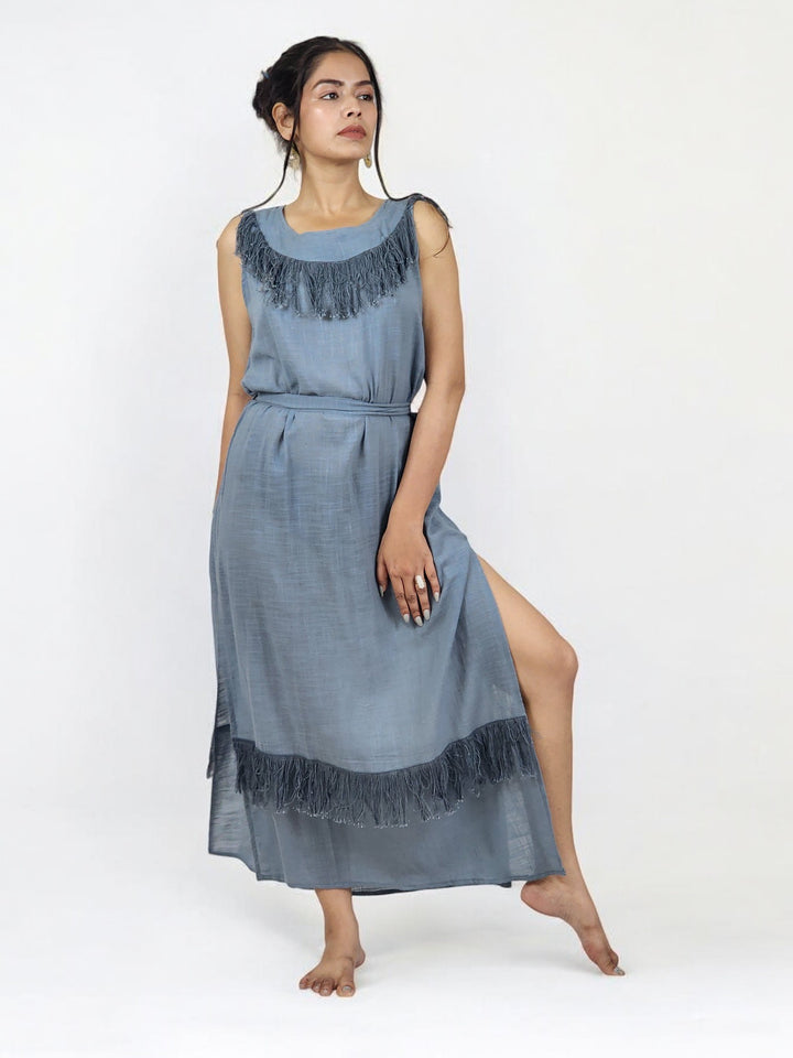 Linen Maxi Dress with Fringe (Denim Blue)