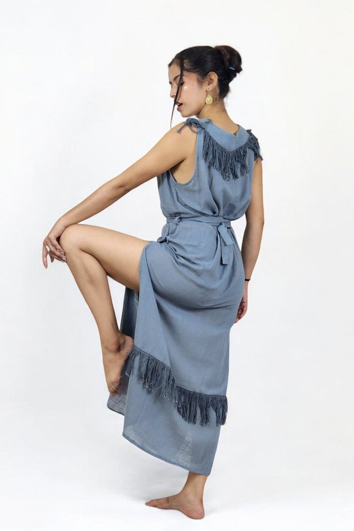 Linen Maxi Dress with Fringe (Denim Blue)