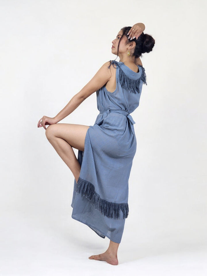 Linen Maxi Dress with Fringe (Denim Blue)