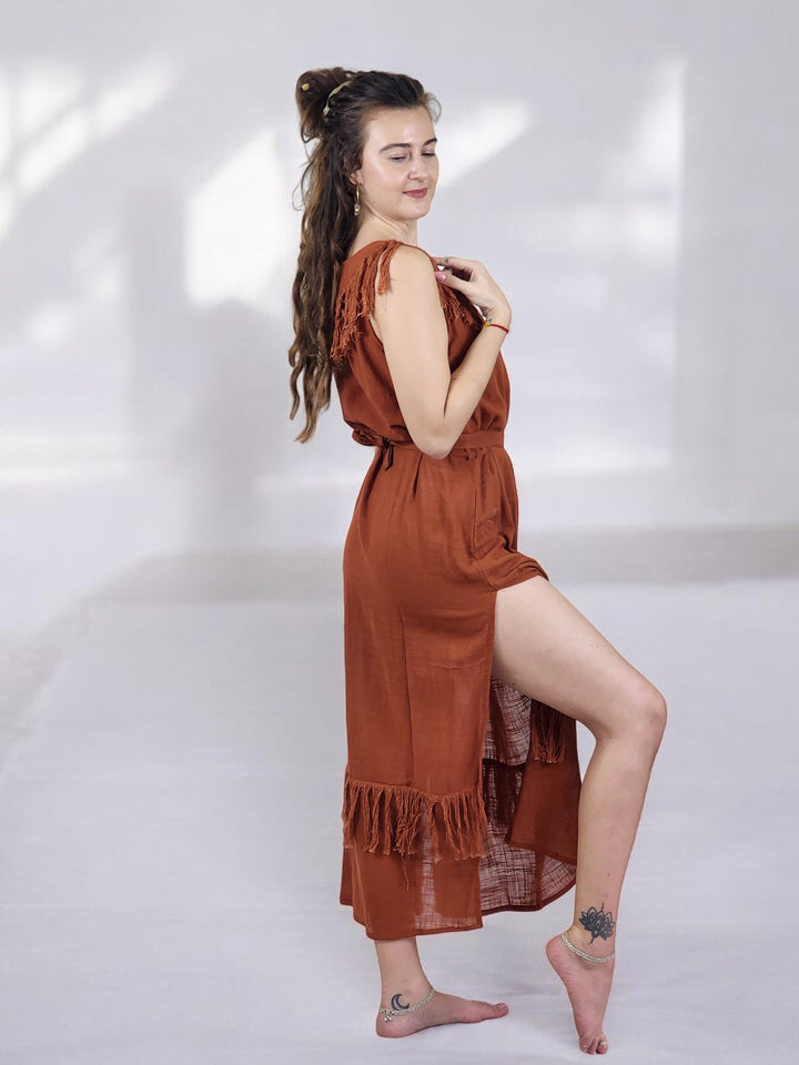 Linen Maxi Dress with Fringe (Rust)