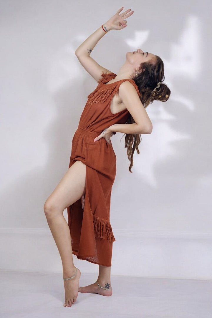 Linen Maxi Dress with Fringe (Rust)