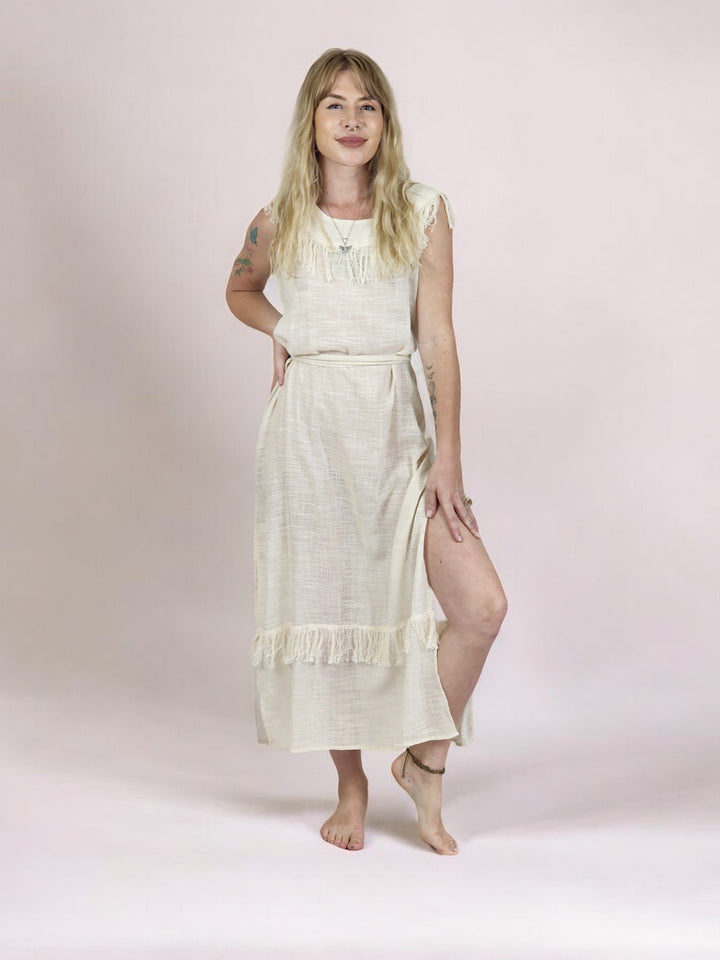Linen Maxi Dress with Fringe (Cream)