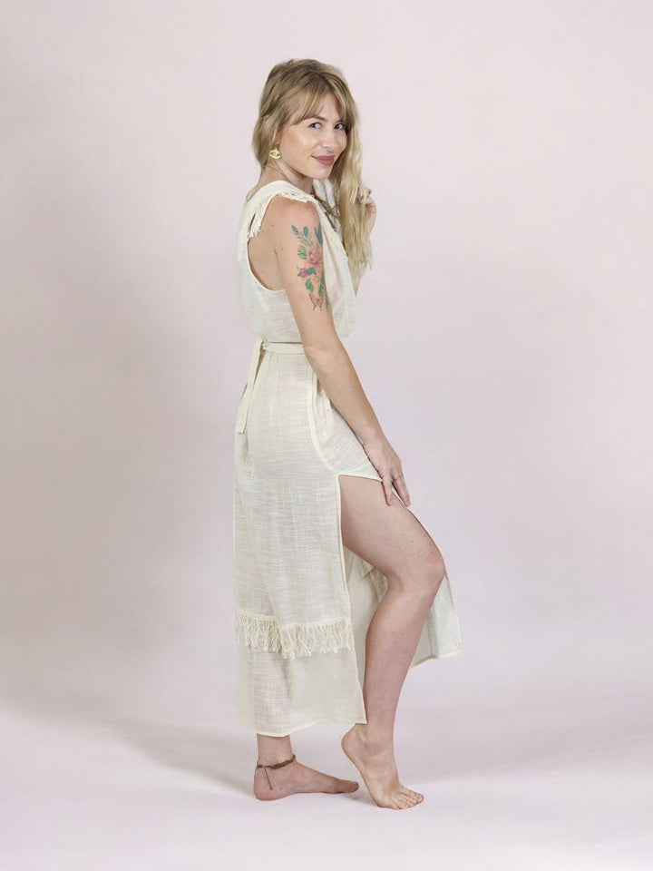 Linen Maxi Dress with Fringe (Cream)