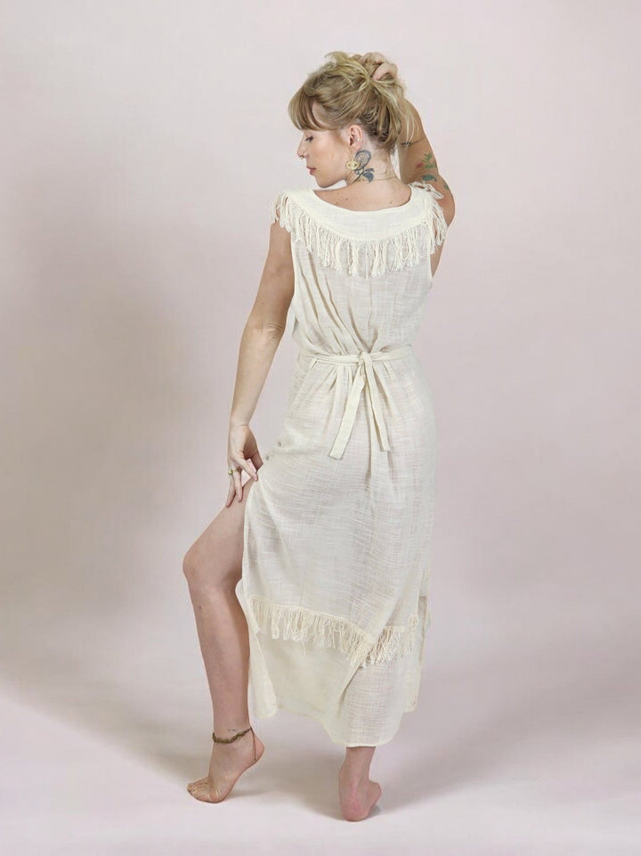 Linen Maxi Dress with Fringe (Cream)