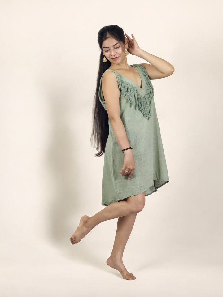 Linen Mini Fringe Dress (Sage)