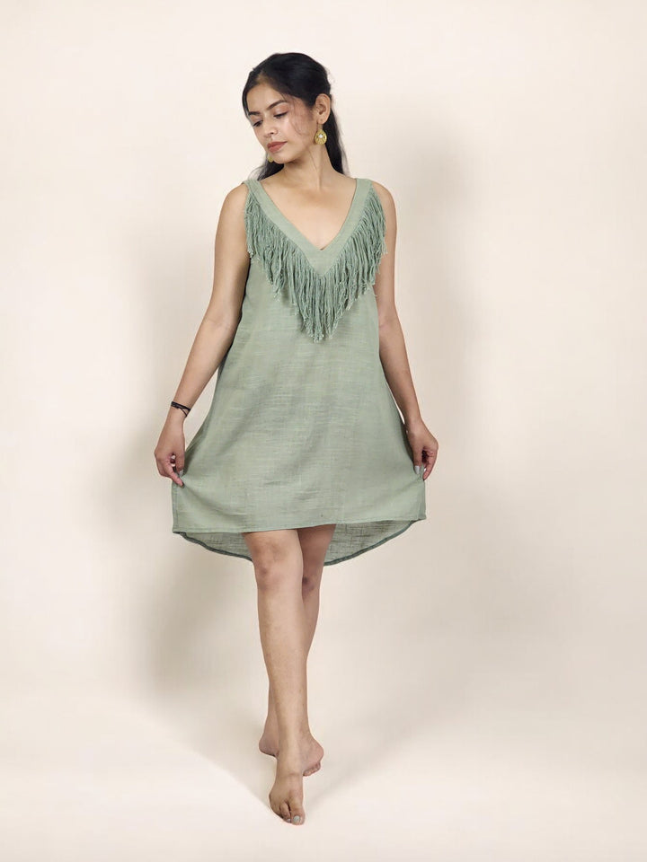 Linen Mini Fringe Dress (Sage)