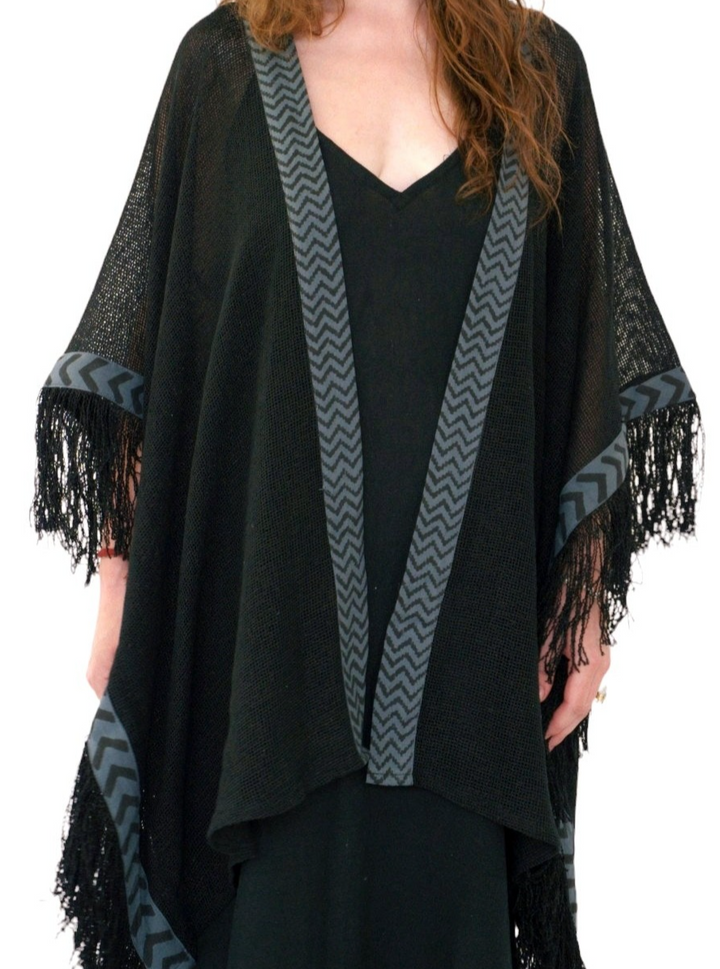 Organic Mesh Cotton Fringe Poncho (Black)