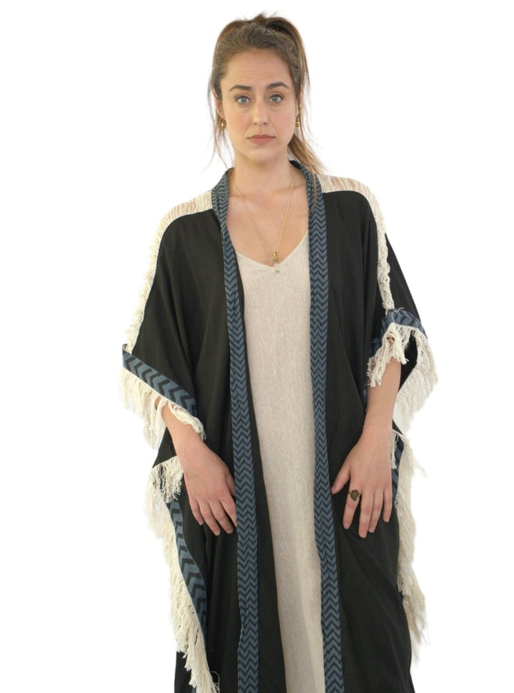 Sustainable Rayon Fringe Poncho (Black)