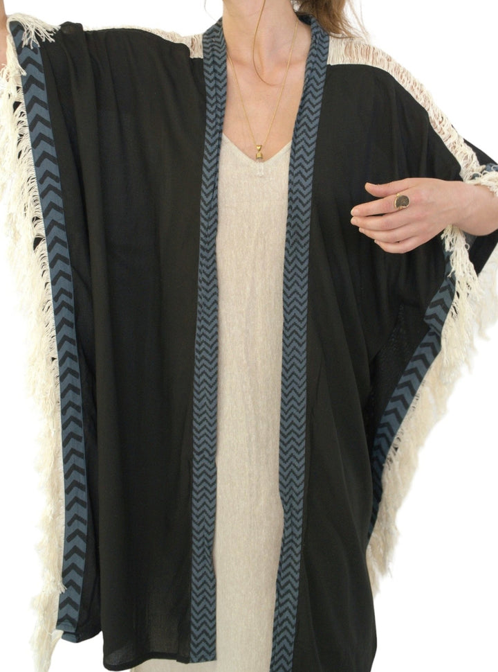 Sustainable Rayon Fringe Poncho (Black)