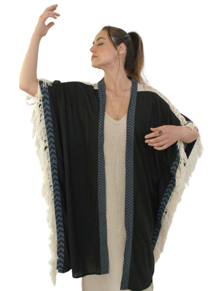 Sustainable Rayon Fringe Poncho (Black)