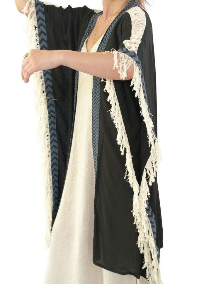 Sustainable Rayon Fringe Poncho (Black)