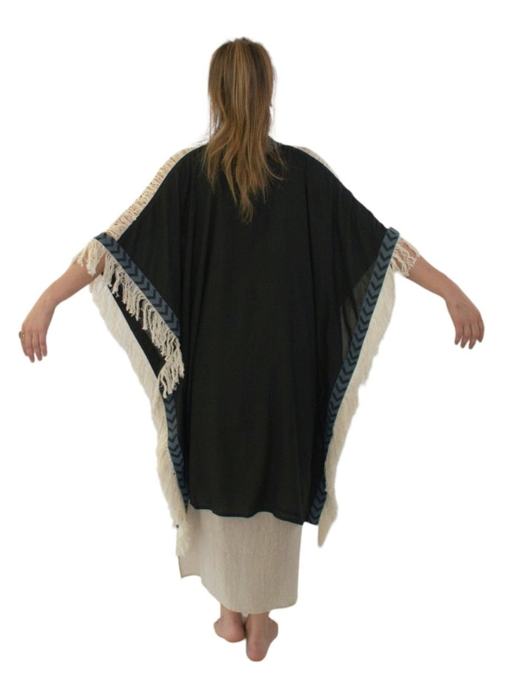 Sustainable Rayon Fringe Poncho (Black)