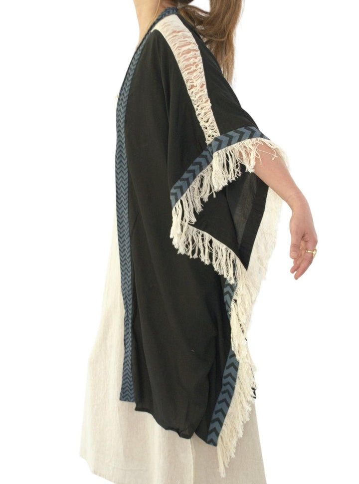 Sustainable Rayon Fringe Poncho (Black)