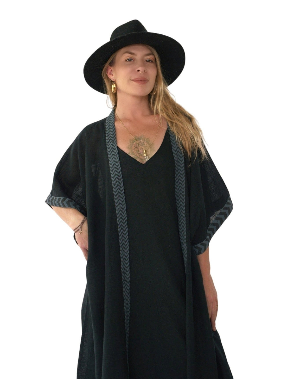 Linen Kimono with Blockprint (Black)