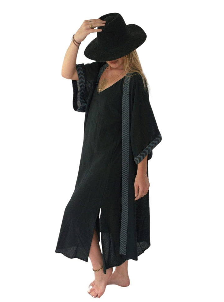 Linen Kimono with Blockprint (Black)