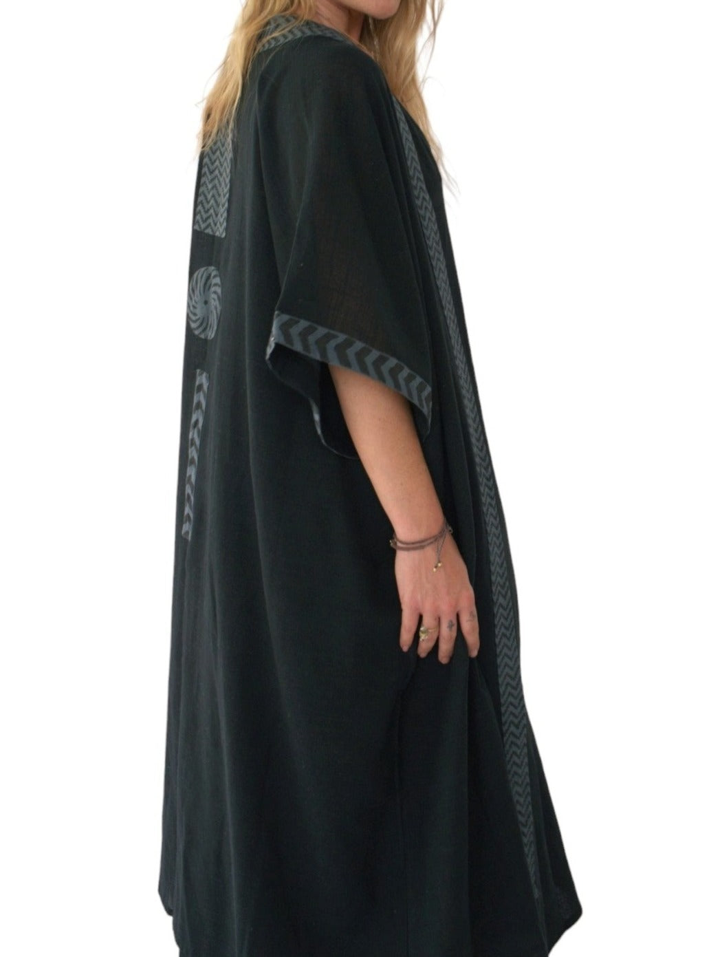 Linen Kimono with Blockprint (Black)