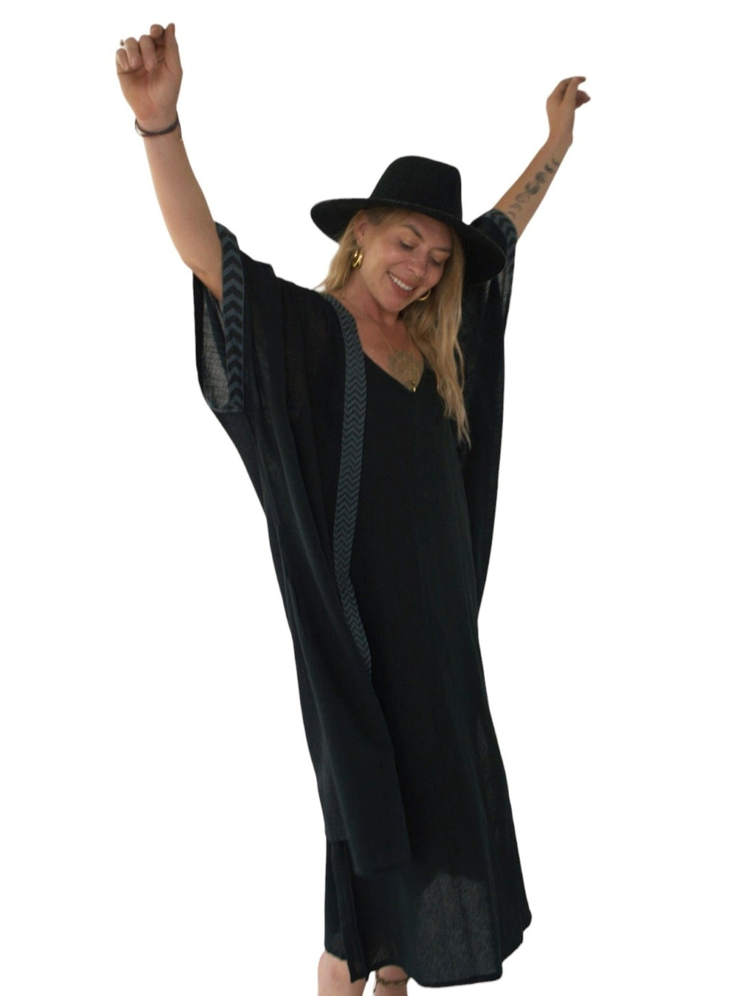Linen Kimono with Blockprint (Black)