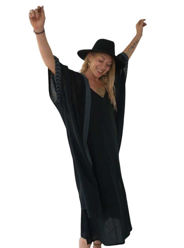Linen Kimono with Blockprint (Black)