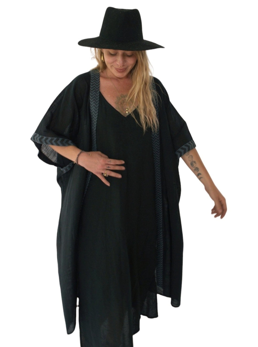 Linen Kimono with Blockprint (Black)
