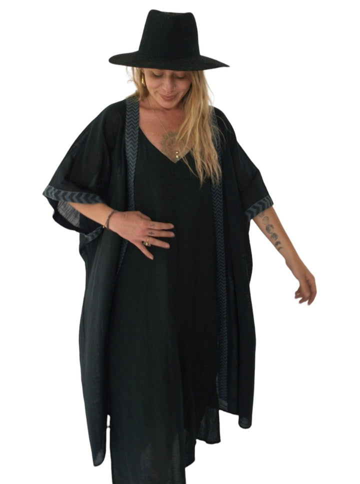 Linen Kimono with Blockprint (Black)