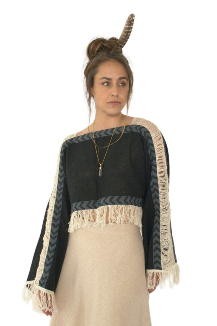 Long Sleeve Crop Top with Fringe (Black)