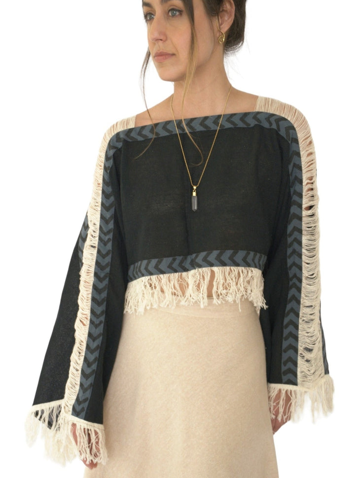 Long Sleeve Crop Top with Fringe (Black)